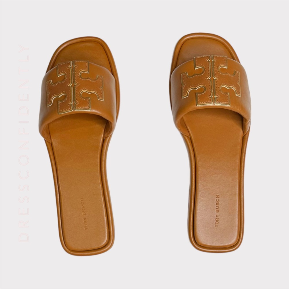Tory Burch Double-T Monogram Padded Leather Slide Sandals Size 10